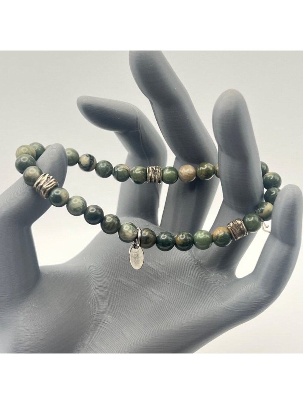 Green Jasper Stone Stretch Bracelet Silver-Tone Stainless Steel Healing Boho